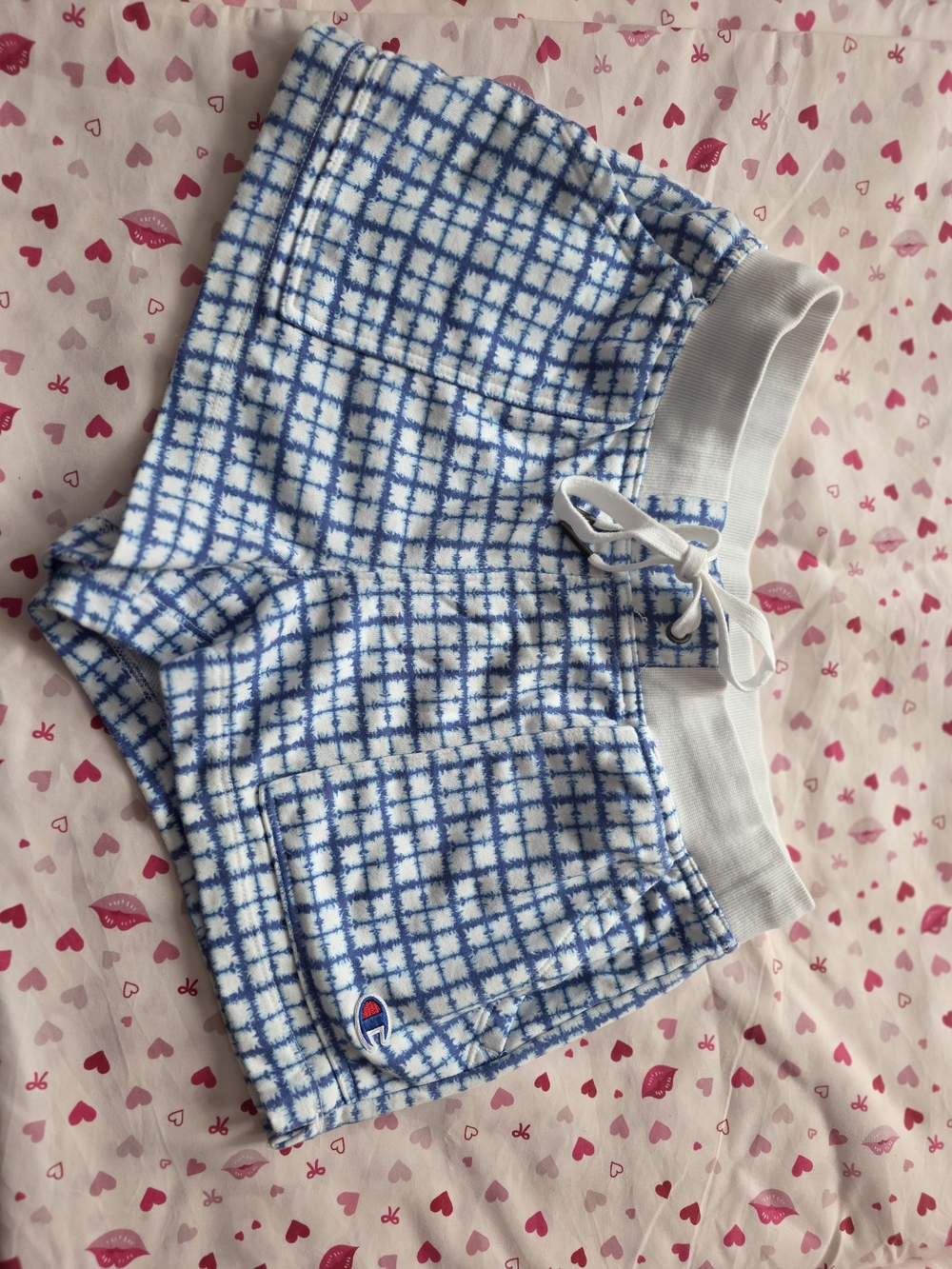 Champion White and Blue Grid Terry Athletic Shorts